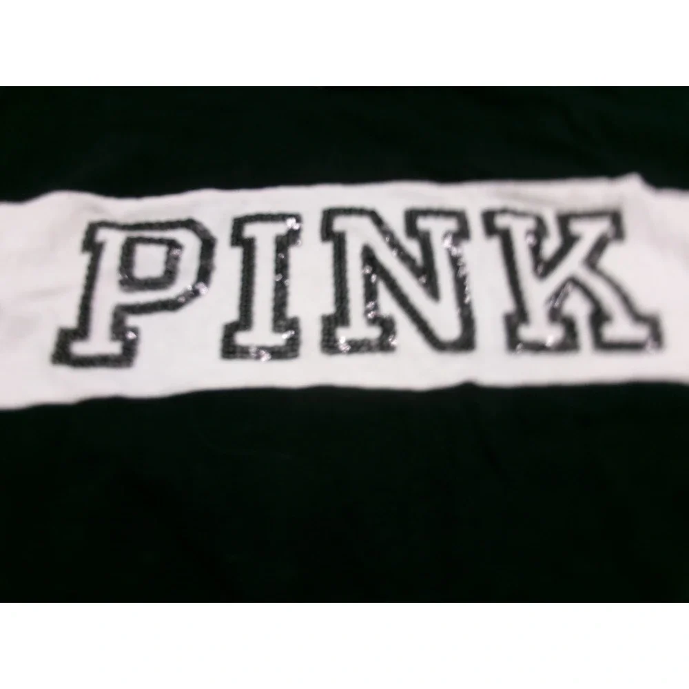Victoria's Secret PINK Black White Colorblock Glitter Logo Long Sleeve Shirt L - Picture 2 of 15